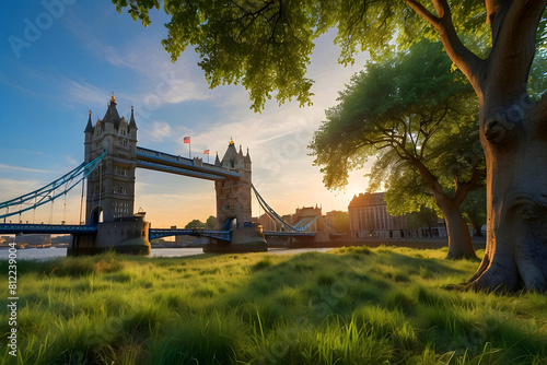 London, UK: The iconic Tower Bridge at first light, surrounded by greenery, trees, blue skies, and sunlight.