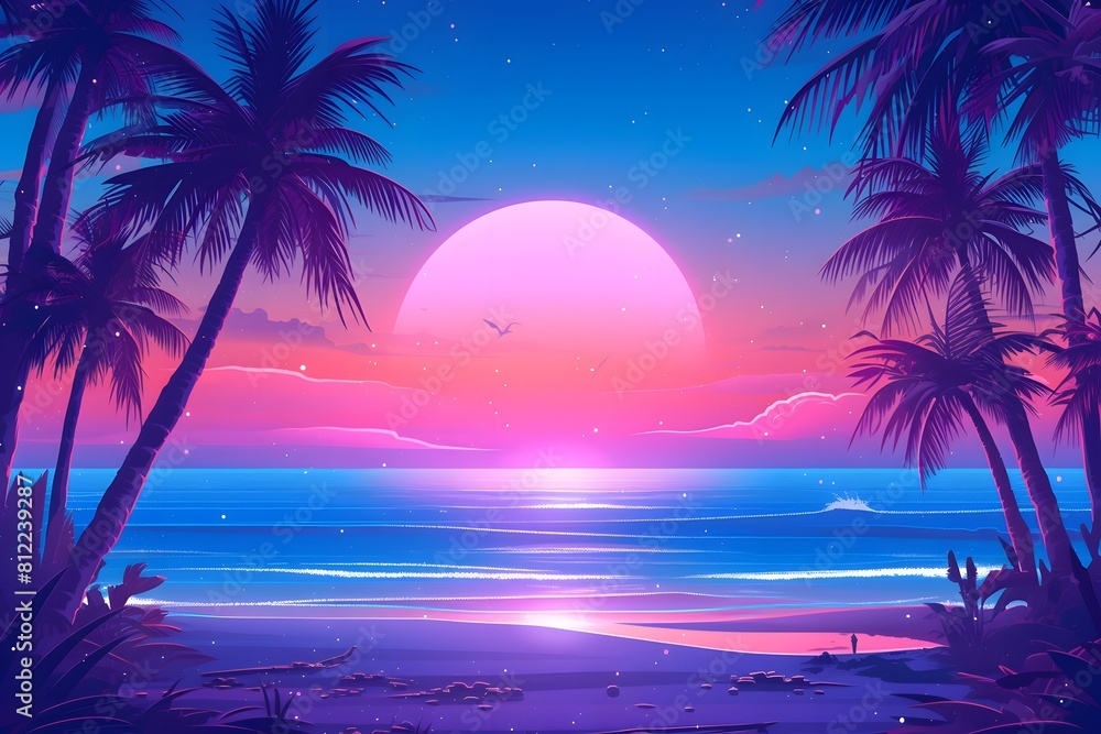 Naklejka premium Tropical beach at sunset with palm trees and colorful sky. Retro-futuristic digital art with synthwave style. Beach and sunset scene concept for poster and print.