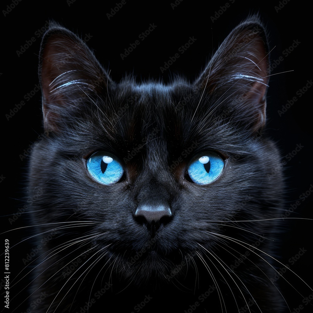 Black cat with blue eyes staring at camera on dark background sony a1, 85mm f8 high detail Black cat with blue eyes staring at camera on dark background sony a1, 85mm f8 high detail