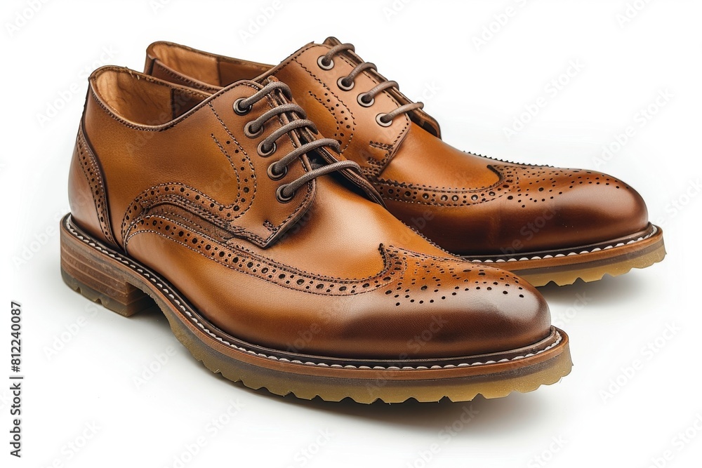 Stylish polished brown leather brogue shoes on a white background, exhibiting intricate detailing