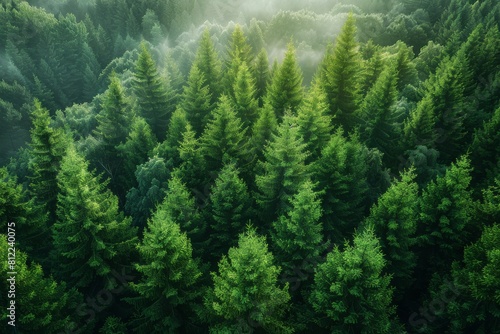 Aerial view of a dense evergreen forest with morning mist adding a mystical atmosphere