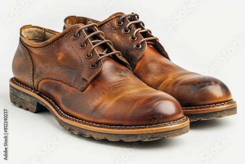 Pair of classic brown leather shoes with detailed lacing on a white background