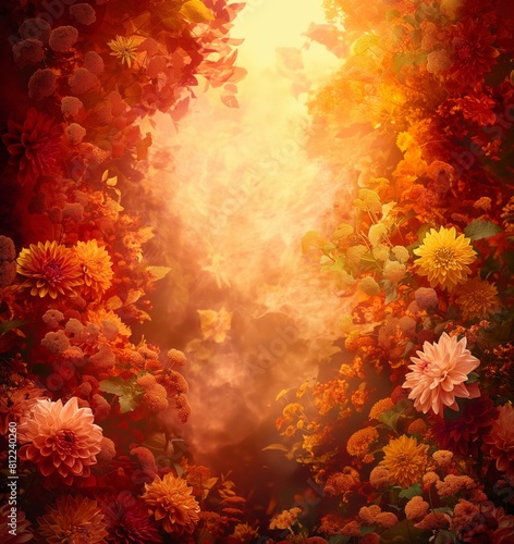 Enchanting Autumn Floral Scene with Warm Sunlight and Vibrant Blooms