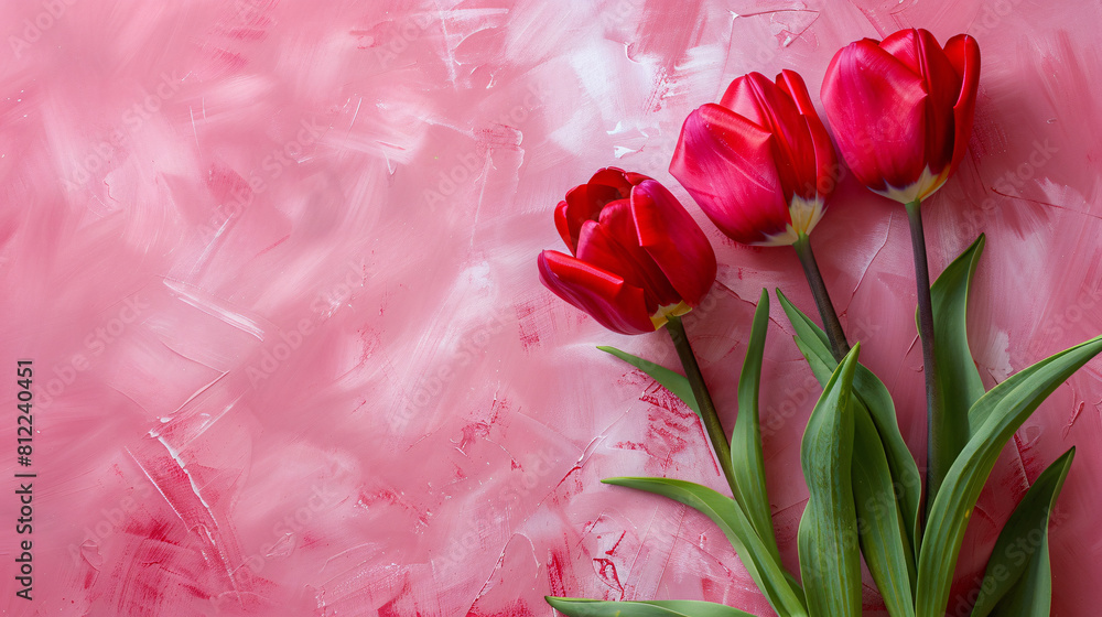 Vibrant Red Tulips on Pink Textured Background