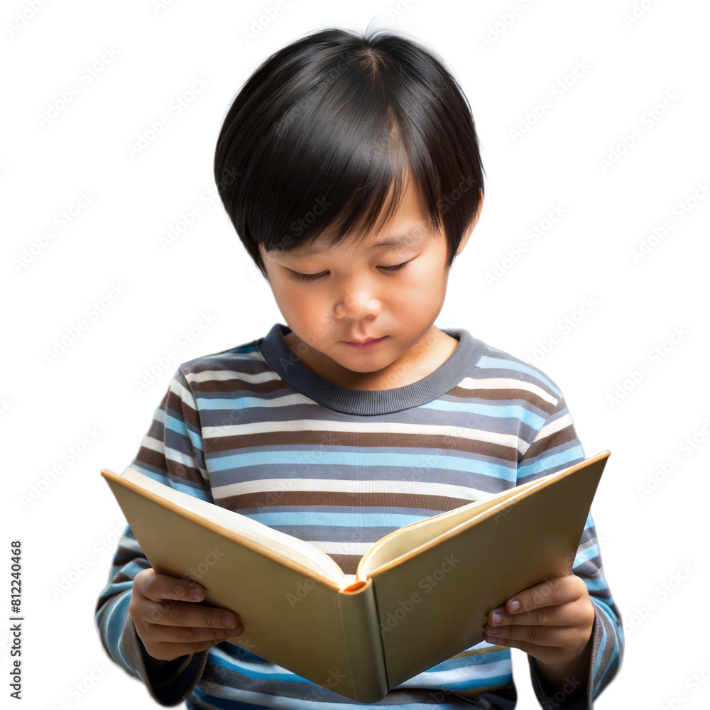 Young Boy Intently Reading a Book Against a Transparent Background Young Boy Intently Reading a Book Against a Transparent Background
