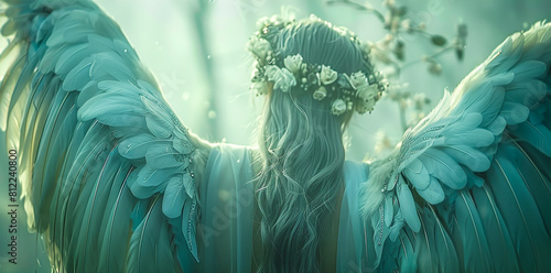 Enchanting Back View of Ethereal Angel Wings with Floral Crown in Mystical Green Hues, Symbolizing Peace and Divinity photo