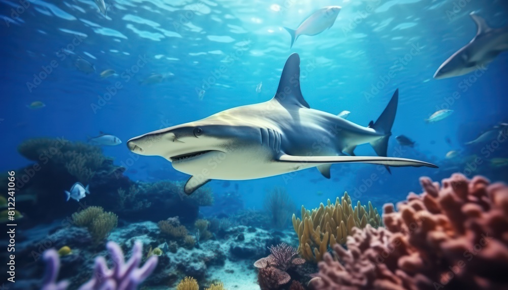 The great White Shark in the ocean, portrait of White shark hunting prey in the underwater The great White Shark in the ocean, portrait of White shark hunting prey in the underwater