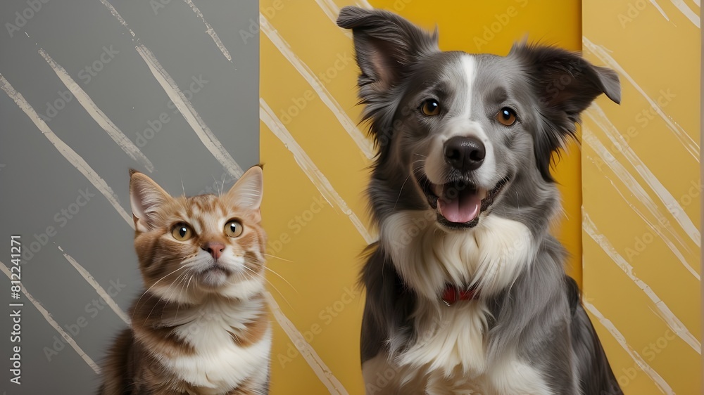 On a yellow backdrop, a happy-looking border collie dog and a grey-striped tabby cat