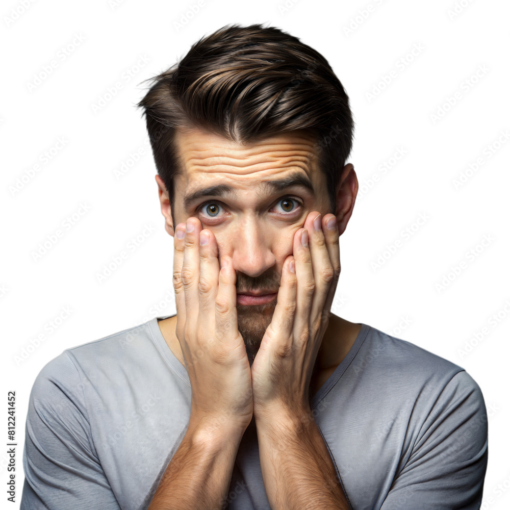 Young Man With a Surprised Expression Resting His Face in His Hands Young Man With a Surprised Expression Resting His Face in His Hands