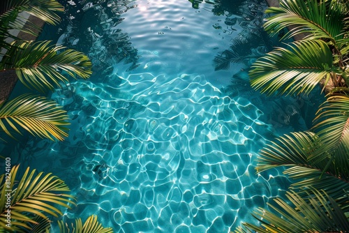 A serene pool with crystal clear water flanked by tropical palm foliage reflecting the sunlight