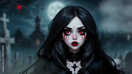 3d goth girl with long hair in the grave in the midnight.