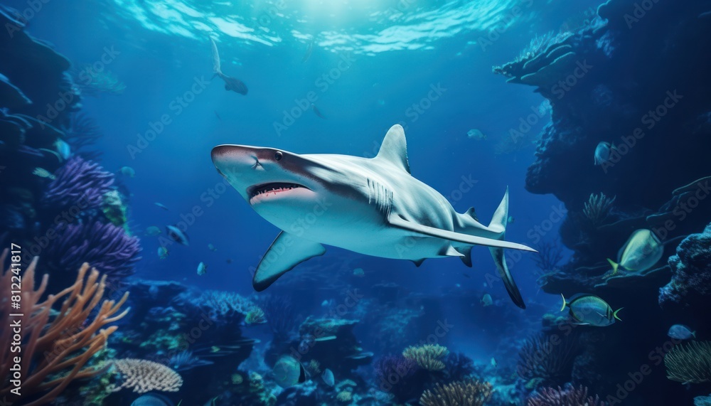 Great White Shark in the ocean, portrait of White shark hunting prey in the underwater Great White Shark in the ocean, portrait of White shark hunting prey in the underwater