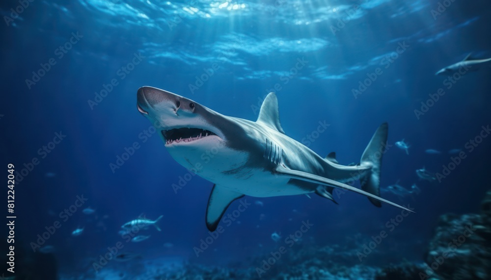 Fototapeta premium Great White Shark in the ocean, portrait of White shark hunting prey in the underwater