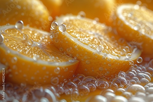 Macro shot of fresh lemon slices with sparkling water droplets reflecting light and detail