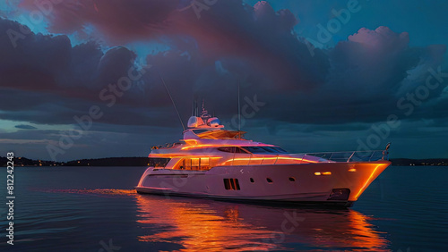 The ship floats on the water at night, neon glow