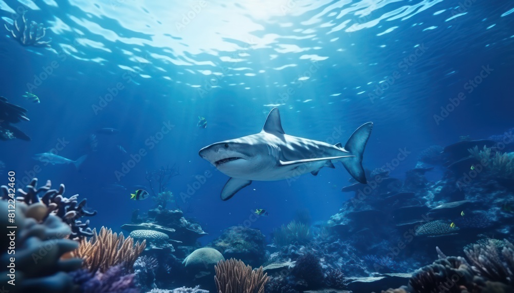 Fototapeta premium Great White Shark in the ocean, portrait of White shark hunting prey in the underwater