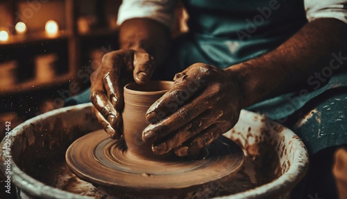 dirty male hands sculpt mug with ceramic clay on potter s wheel photo