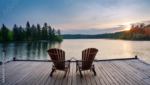 two wooden chairs on a wood pier overlooking a lake at sunset