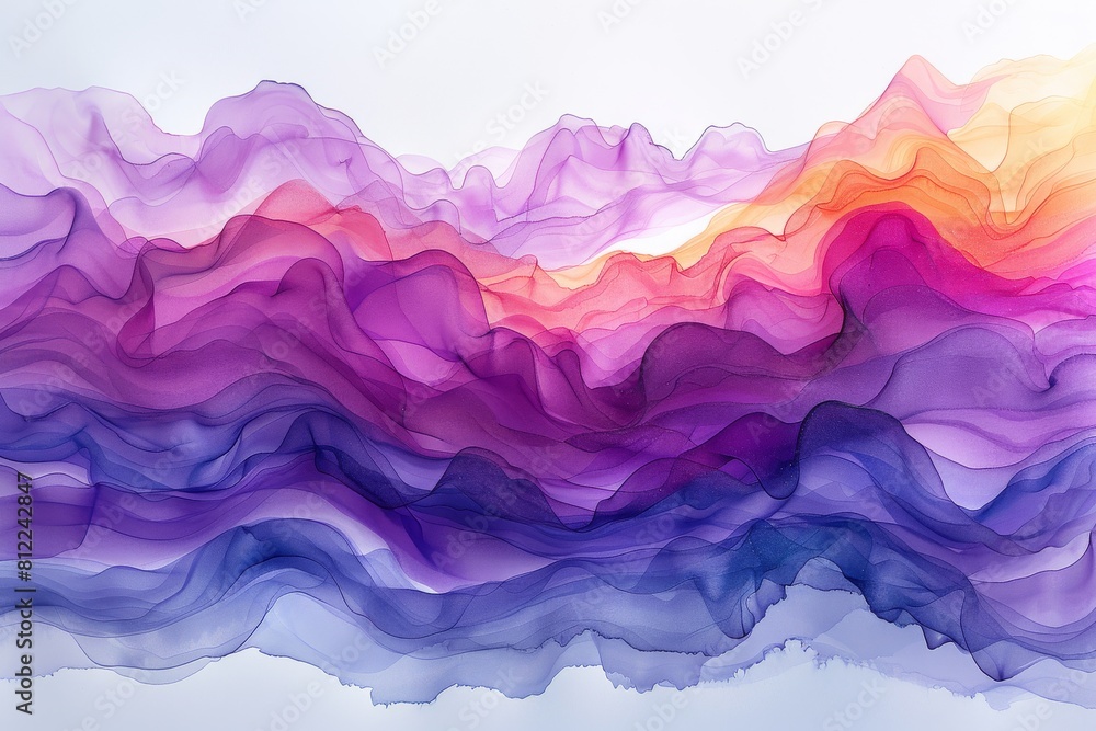 Digital artwork resembling fluid layers in shades of purple, pink, and orange representing an abstract landscape