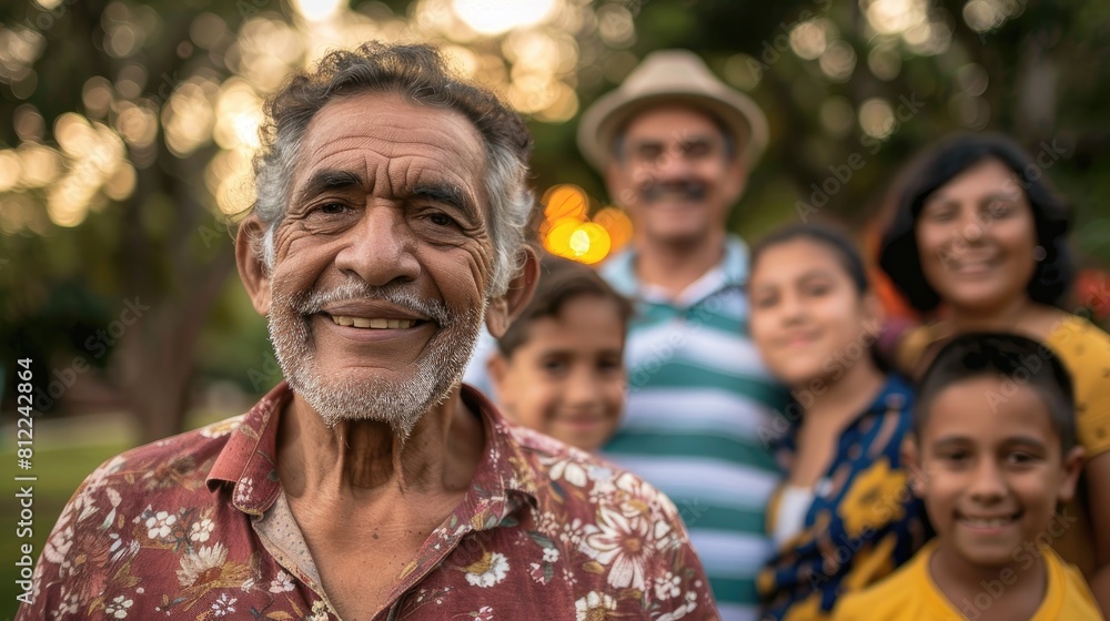 A multigenerational Hispanic family is captured in the park beaming at the camera with a selective focus
