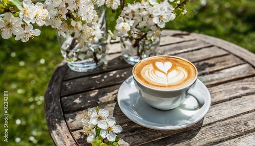 spring composition with cup of hot coffee among blooming tree branches outdoors coffee cup with latte art and spring blossom coffee table in a spring garden spring concept