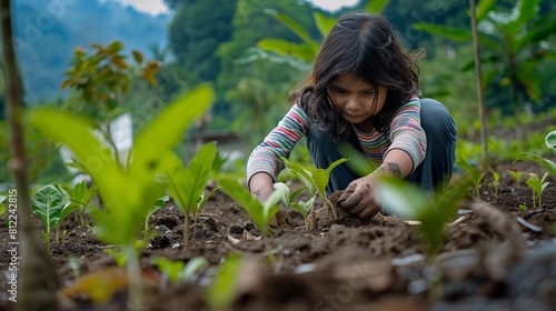 Seeding the Future: A Child Plants a Tree, Bringing Hope to a Deforested Landscape (Reforestation & Individual Action)