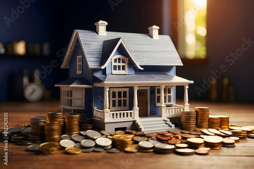 A real estate investment is a house bank next to a collection of coins and house property.
