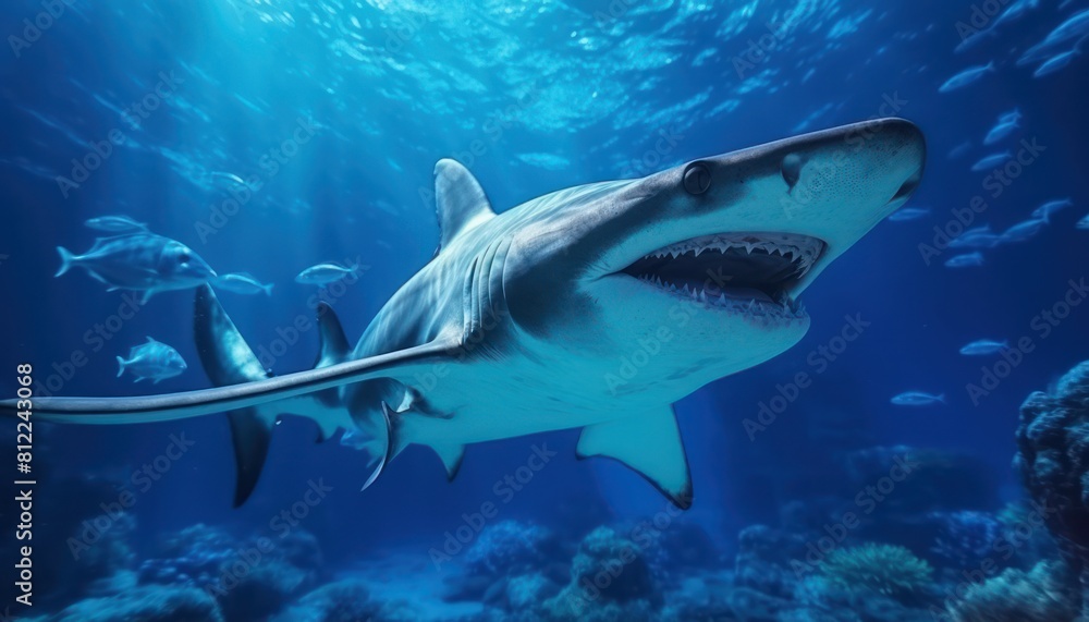 Great White Shark in the ocean, portrait of White shark hunting prey in the underwater Great White Shark in the ocean, portrait of White shark hunting prey in the underwater