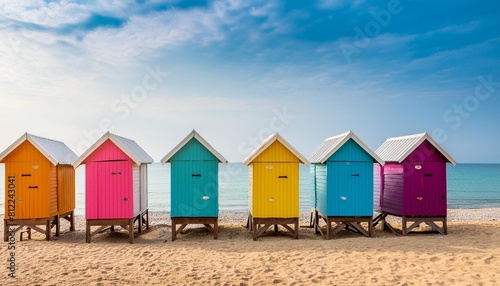 colorful wooden hut stand on the beach by the sea in summer © Raegan