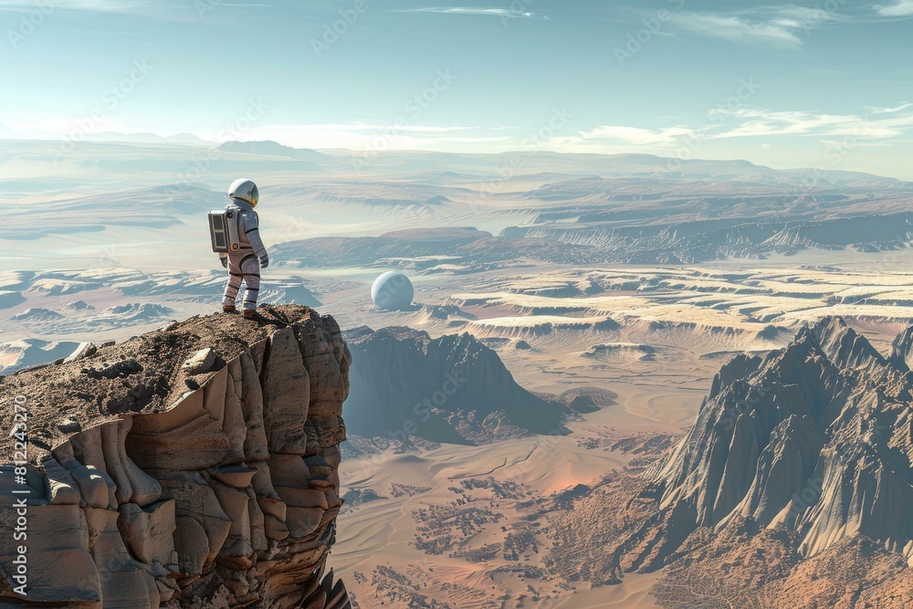  Astronaut on Mars cliff admires vast desert landscape, sci-fi or space exploration themes.