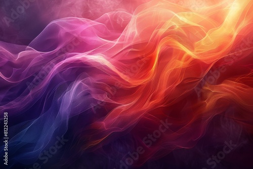 Colorful smoky waves flow across a dark background, conveying movement and a mix of warmth and mystique