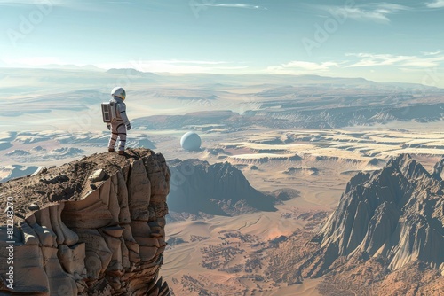  Astronaut on Mars cliff admires vast desert landscape, sci-fi or space exploration themes. © Studium L&M