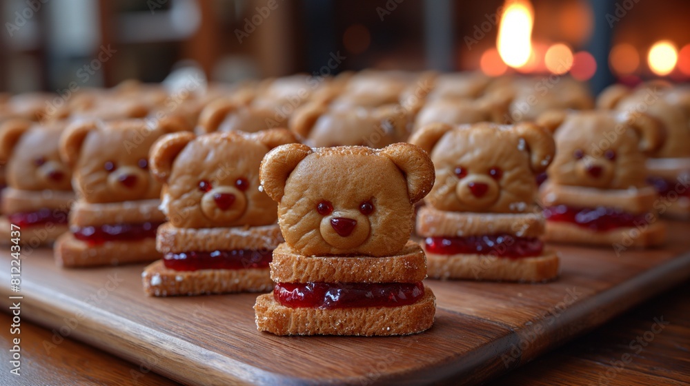 Miniature bear-shaped sandwiches, meticulously crafted with peanut butter and jelly, ready to charm both eyes and palates at lunchtime