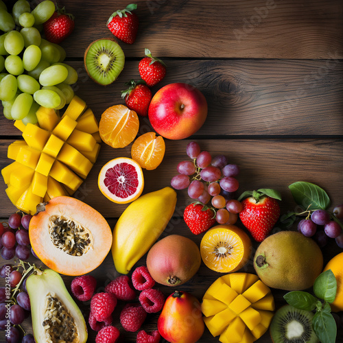 Assortment of Fresh Mixed Fruits Displayed on a Rustic Wooden Table. A Colorful and Natural Array Ideal for Healthy Eating and Culinary Presentation