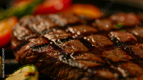Close-up of a juicy steak with grill marks and a side of vegetables