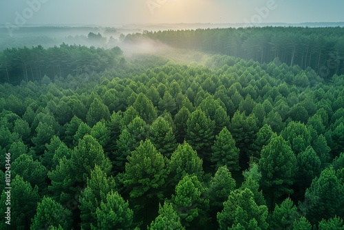 Golden sunrise light pierces through the morning fog over a green forest, captured from above photo