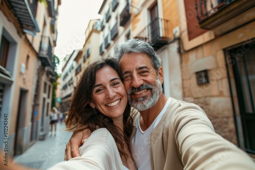  Joyful mature couple taking a selfie on a quaint city street.