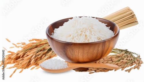 white rice thai jasmine rice in the wooden bowl with unmilled rice isolated png photo