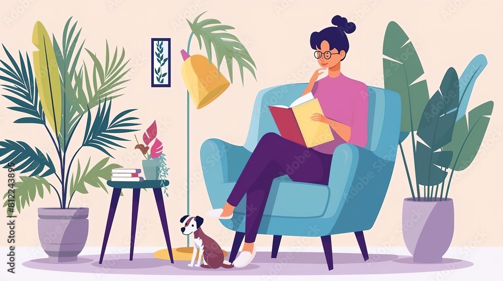 A young woman is sitting in a comfortable chair, reading a book A young woman is sitting in a comfortable chair, reading a book