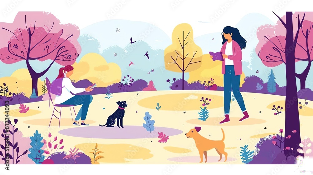Two women reading in a park with their dogs. The woman on the left is sitting on a chair and the woman on the right is walking. Two women reading in a park with their dogs. The woman on the left is sitting on a chair and the woman on the right is walking.