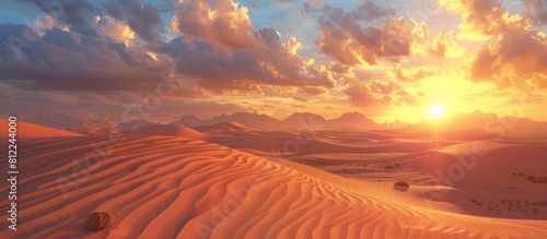 Captivating Desert Dunes at Sunset with Distant Mountains in Warm Golden Glow