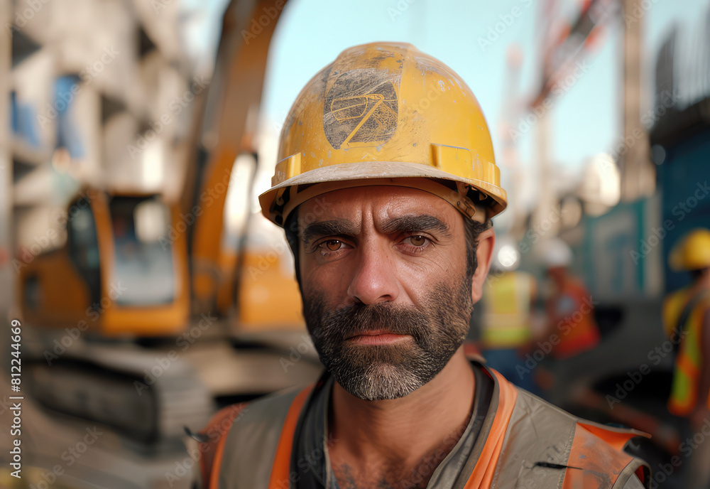 Civil engineer, worker, technician with helmet checking the construction zone. Excavator on the background. Concept of professional, occupation, job, work Civil engineer, worker, technician with helmet checking the construction zone. Excavator on the background. Concept of professional, occupation, job, work