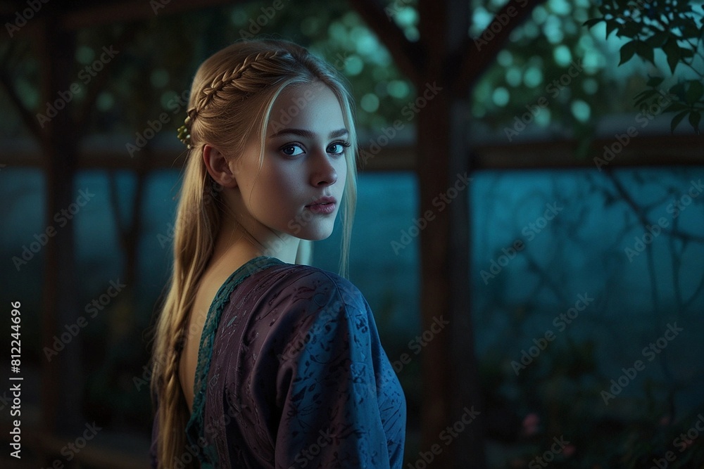 Lunar Bloom: Cinematic Portrait of a Beautiful Young Woman with Long Blonde Hair, Surrounded by Twilight Florals Lunar Bloom: Cinematic Portrait of a Beautiful Young Woman with Long Blonde Hair, Surrounded by Twilight Florals