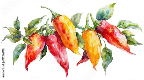 Vibrant Watercolor Thai Chili Peppers Isolated on White Background