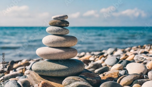 folded pyramid of smooth stones on the seashore pebble on beach