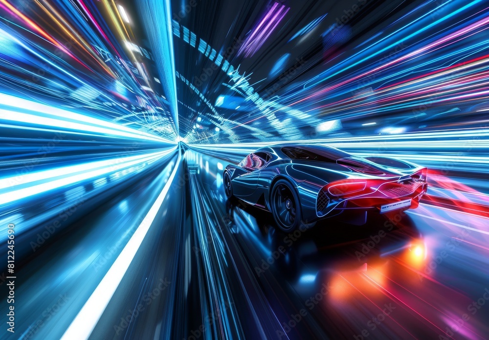 Futuristic supercar speeds on advanced highway with trail lights. Futuristic supercar speeds on advanced highway with trail lights.