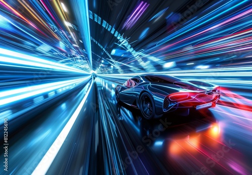 Futuristic supercar speeds on advanced highway with trail lights. 