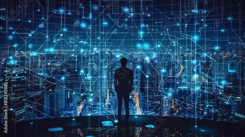 Businessman standing on Smart city map with big data connection technology concept AI generated