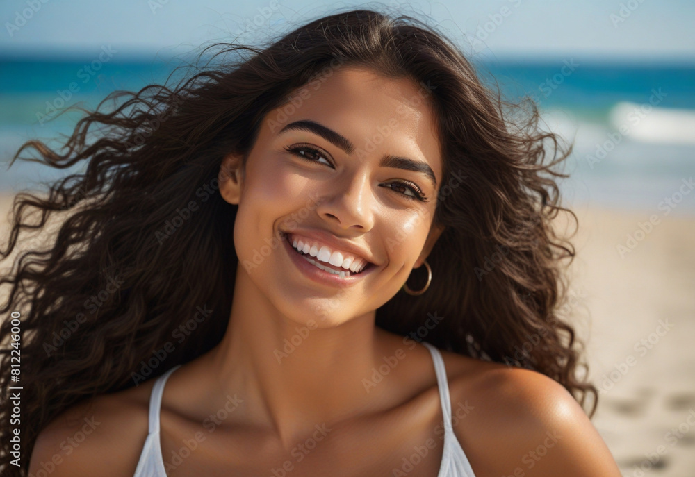 A beautiful model poses with joy and smile in a beach studio A beautiful model poses with joy and smile in a beach studio