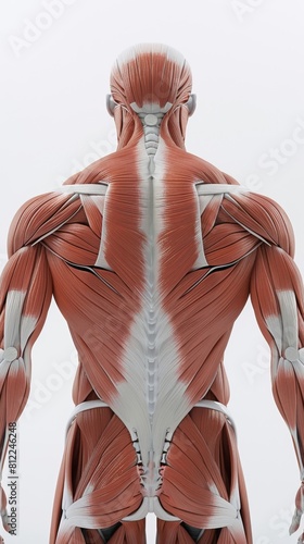 3D realistic illustration of the back muscular system on a white background. Human muscles, medical illustration.